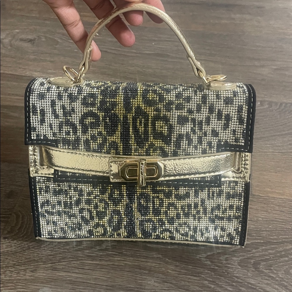 Betsey Johnson Gold and Black Top handle bag with Leopard Print